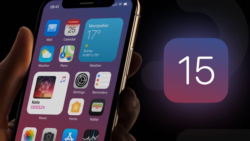 ios 15 concept with ios 15 icon and iphone in hand