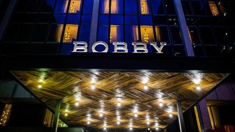 entrance to bobby hotel at night